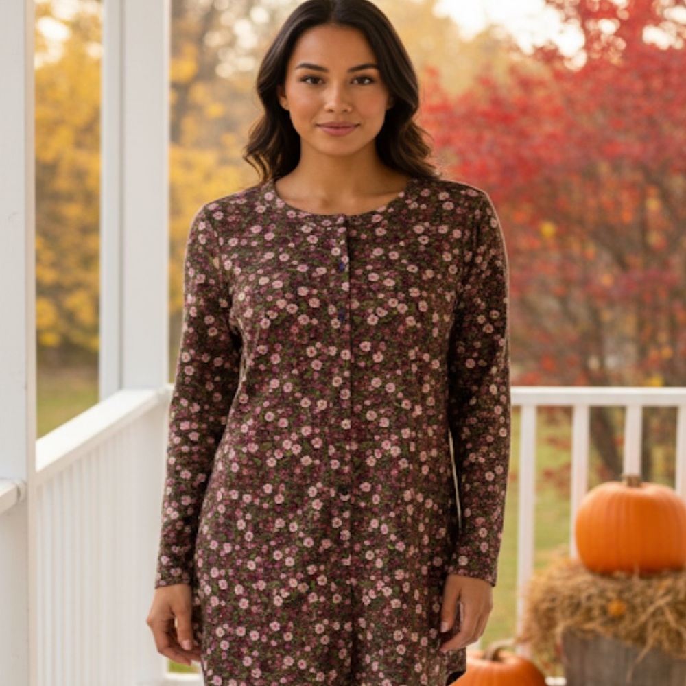 Floral Long-Sleeve Women’s Tunic Top - Pink on Brown